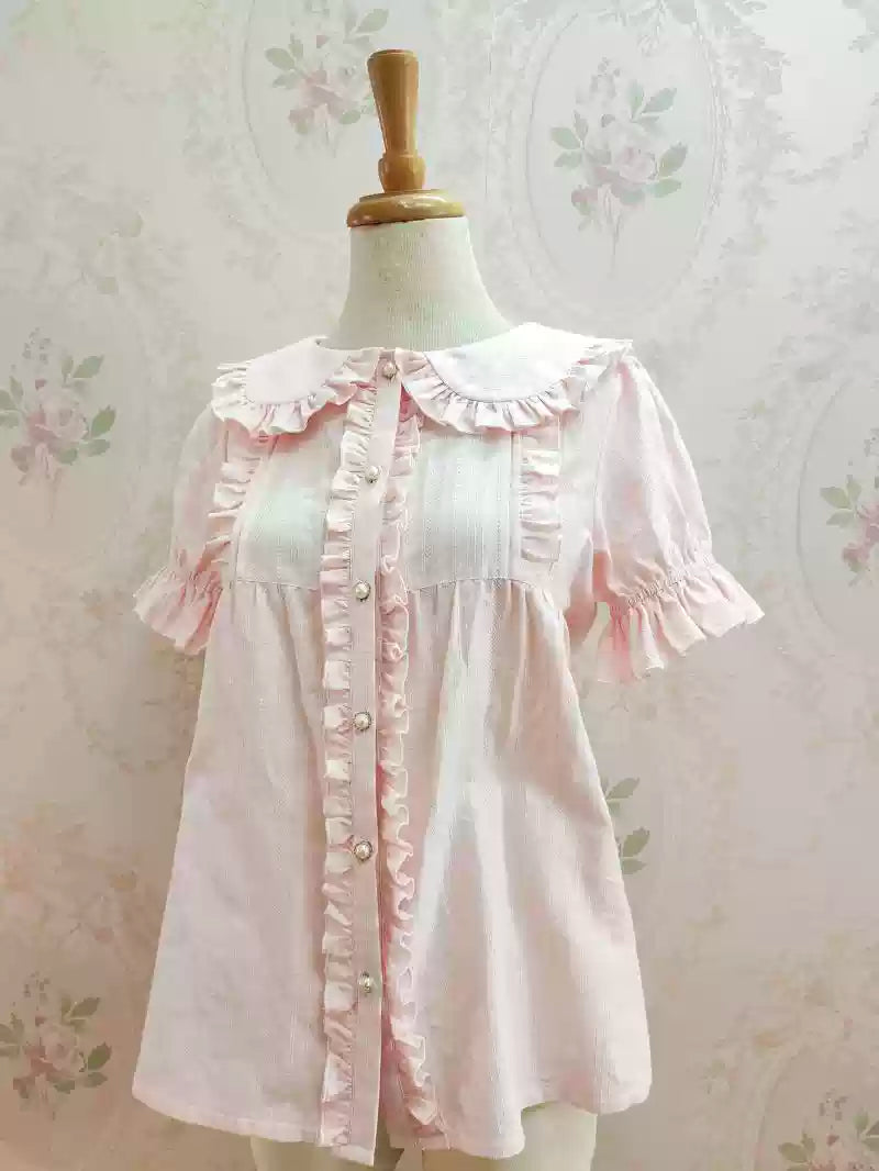 Yilia - Short Sleeve Cotton Lolita Blouse Shirt XS Pink
