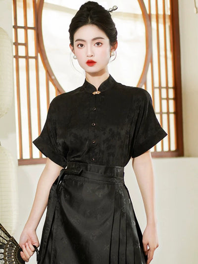 (BFM)Meiyimeng~Han Lolita Shirt Stand Collar Puff Sleeve Blouse S 856 black short-sleeved shirt 
