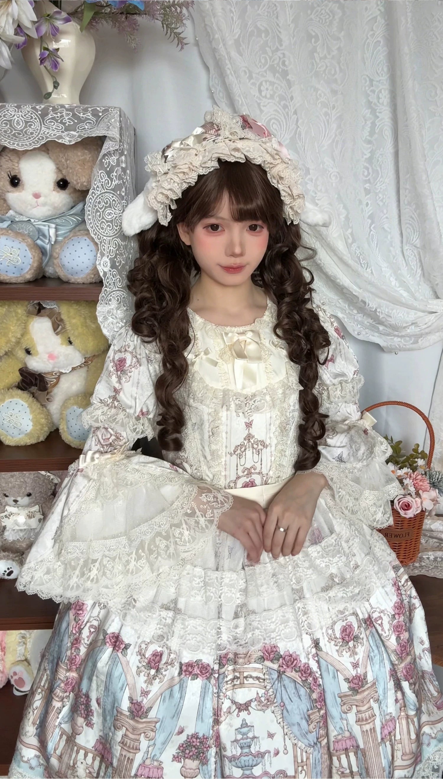 Wandering Rabbit's Palace - Doll-like Classic Lolita Palace Print OP Dress with Lace 45322:843946
