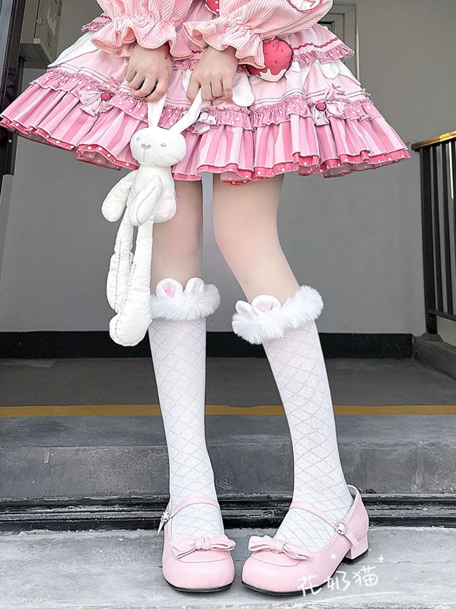 Hua Nai Cat - Winter Lolita Socks Cute Plush Lace Calf Socks