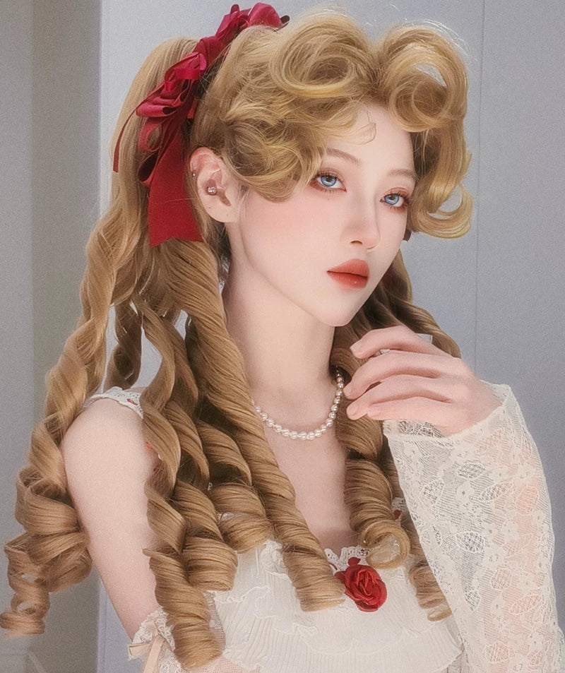 Retro Lolita Roman Roll Wig, Detachable Ponytails