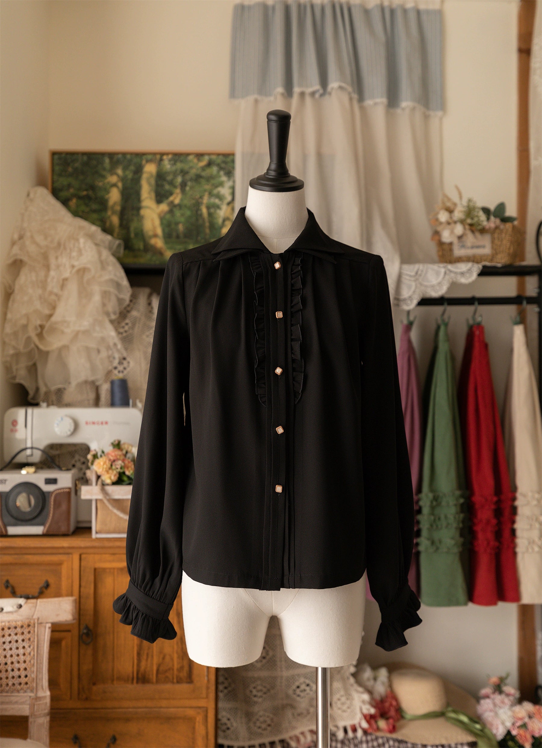 Forest Wardrobe - Forest Basket - Elegant Lolita Shirt Retro Dual Collar Versatile Shirt S Black