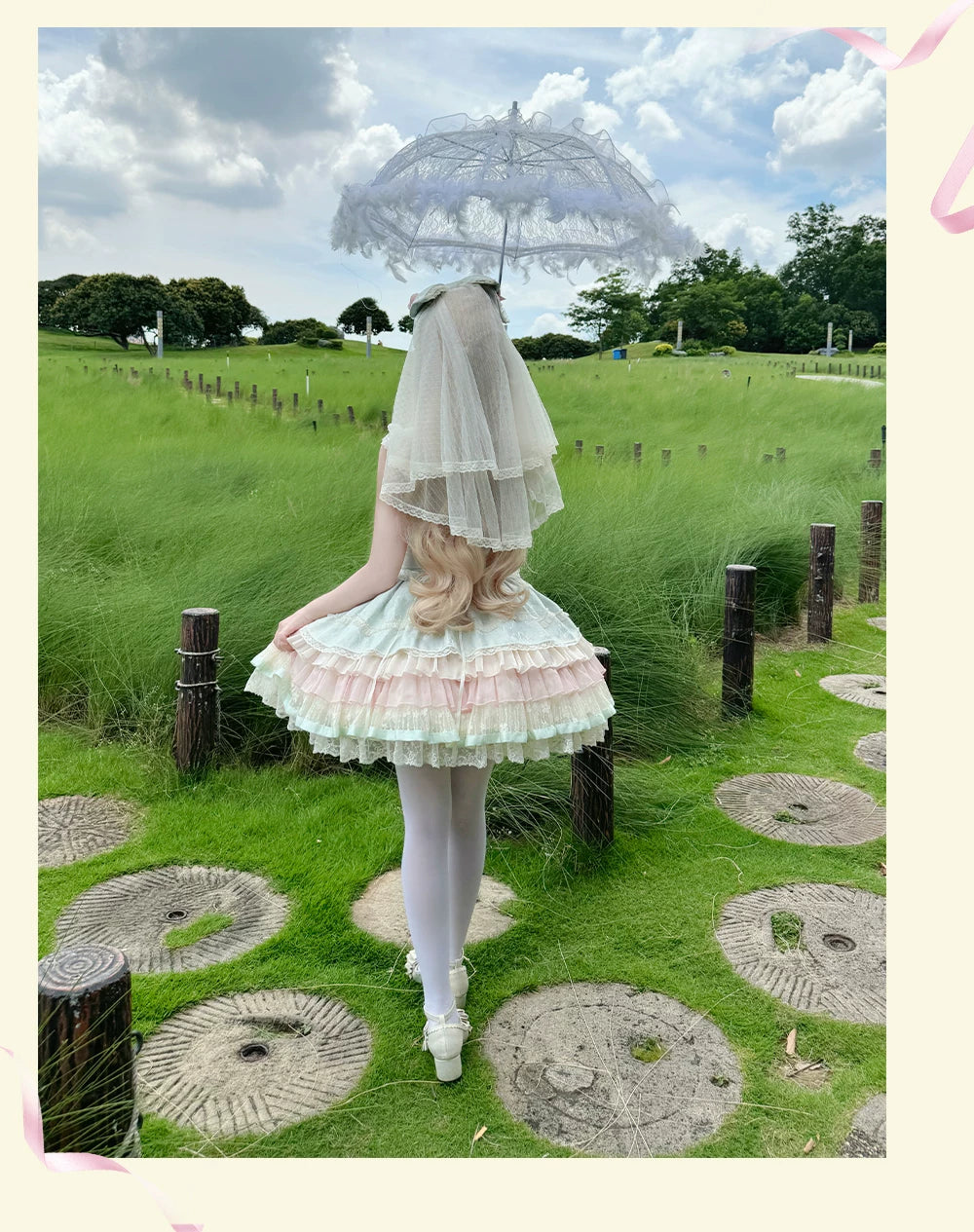Lotus Crossing - Sweet Lolita Tiered Hem JSK Dress with Satin Bow 45302:844760