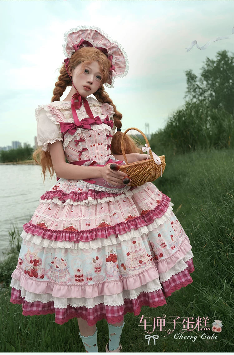 Cherry Cake - Printed Sweet Lolita JSK Dress, Embroidered Apron 44904:827150