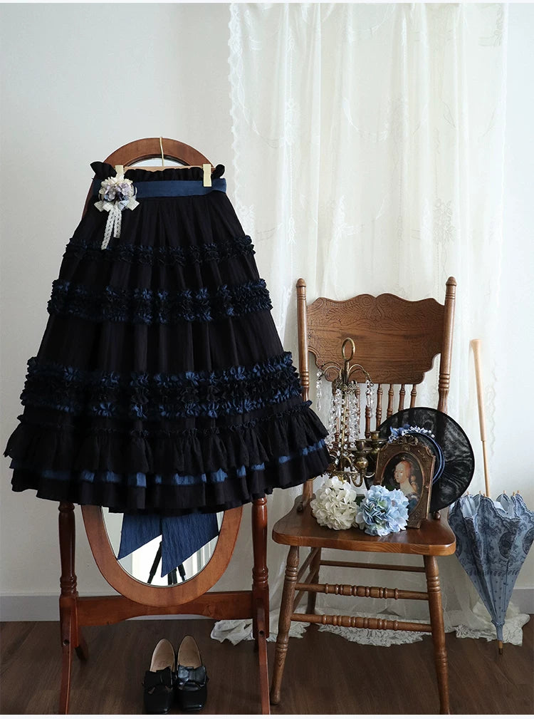 Wings and Bouquet - Dark Classic Lolita Blouse and SK Set, Layered Blue Ruffles 45680:858313