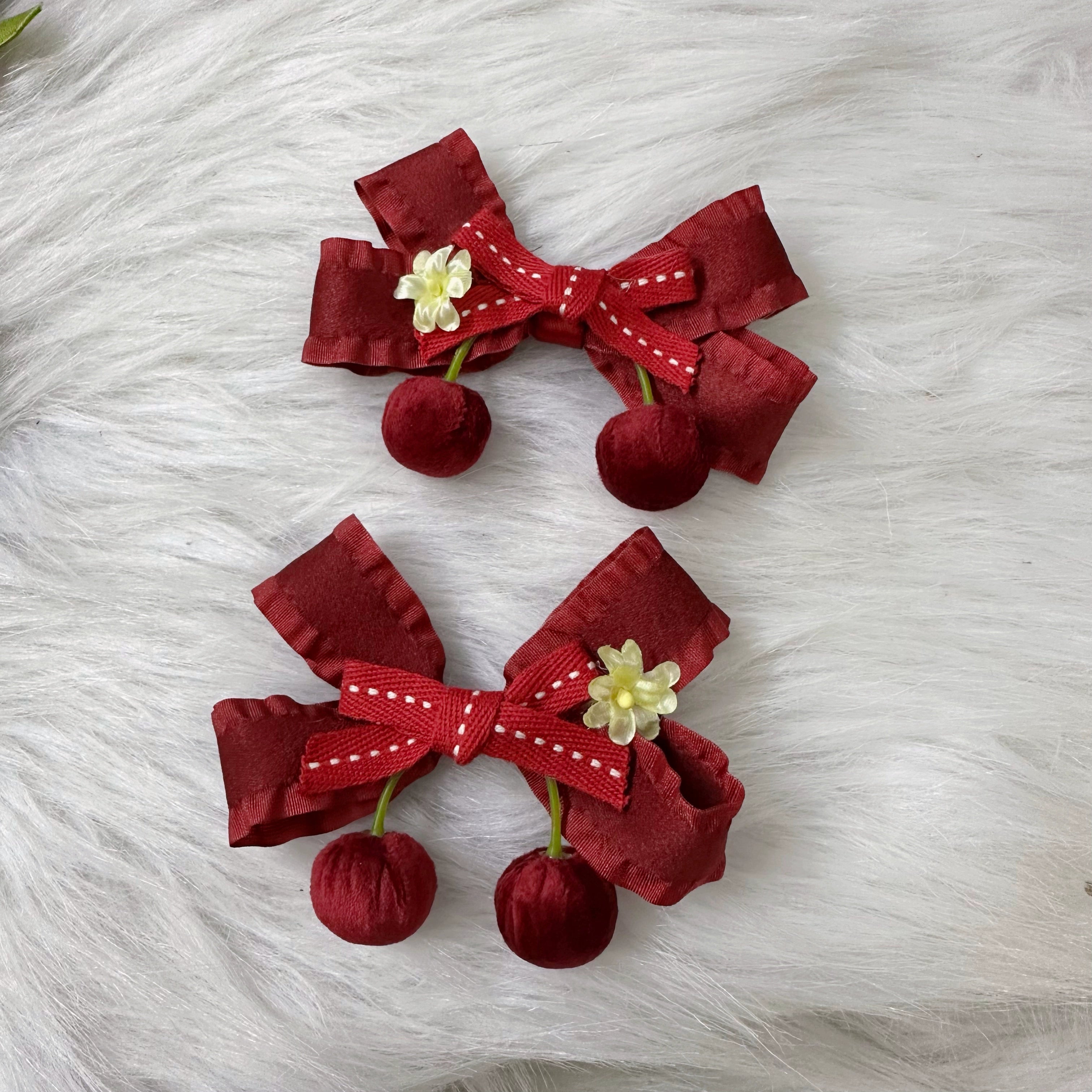 Chestnut Lolita - Sweet Lolita Headdress Cherry Hair Clip Straw Hat Necklace Handmade Set a red double-layer hair clip
