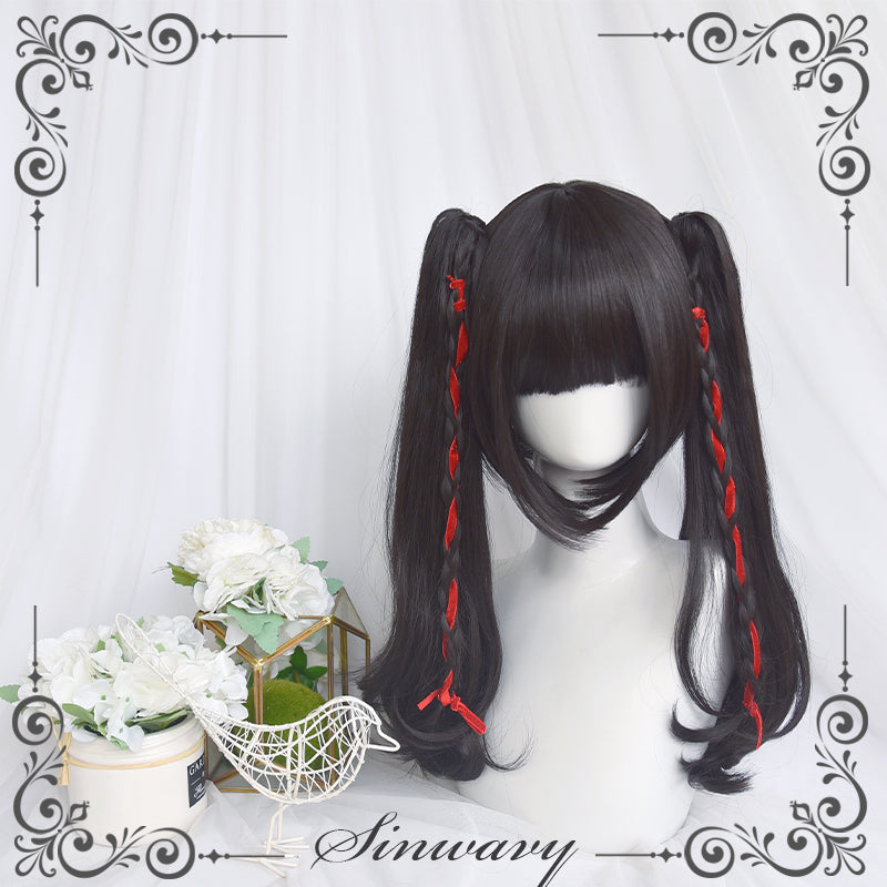 Sinwavy - Pandora's Box - Lolita Short Wig with Cute Double Ponytails black - long micro curls, only a pair of ponytails