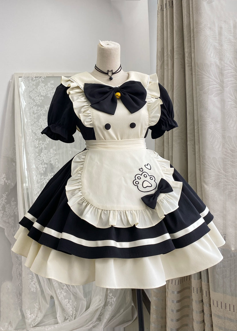 Qianmu - Cat Cafe - Maid Lolita OP dress with Detachable Bow and Apron Black White - OP (with a apron+a large bow+a small bow) S