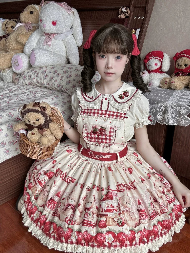 Velvet Strawberry - Sweet Lolita Salopette Dress, Bear & Strawberry Print
