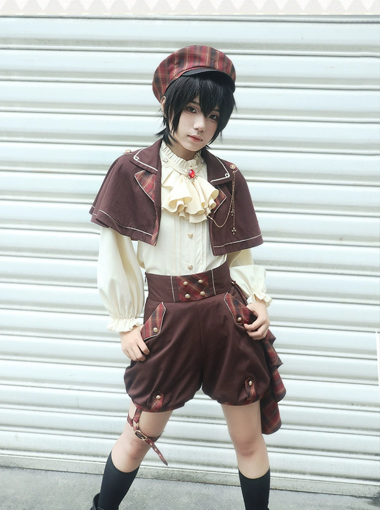 Forest Fluorescent Carps - Queen's Game - Military Lolita OP, Ouji Plaid Lolita Dress Set Brown Ouji Suit S