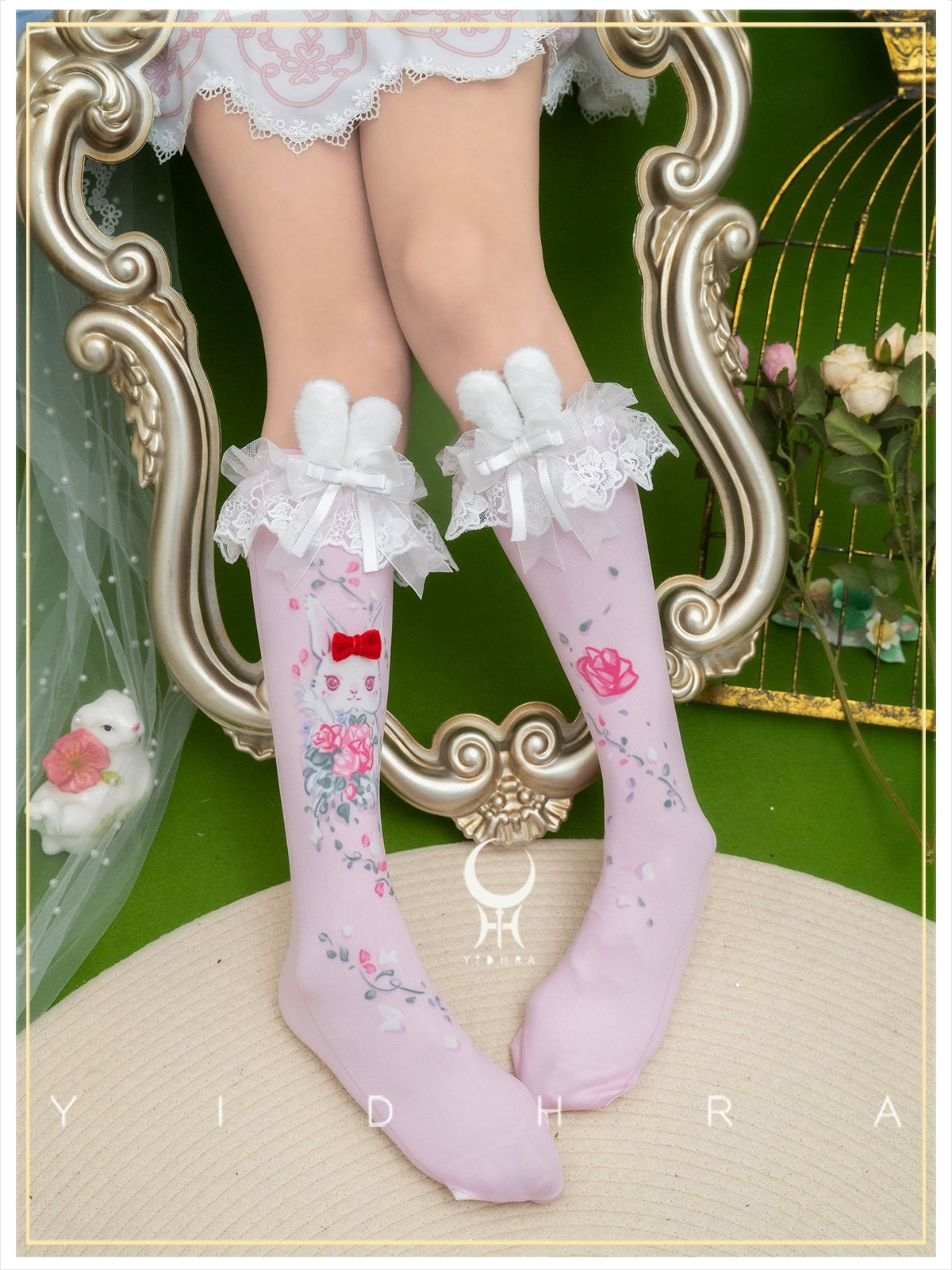 Yidhra - Animal Garden - Kawaii Lolita Calf Socks Cat Rabbit Print Stockings Pink - Calf Socks