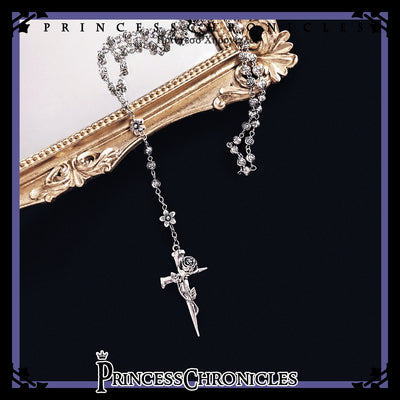 Princess Chronicles~Yan Ye~Gothic Lolita Cross Shaped Rose Necklace silver  