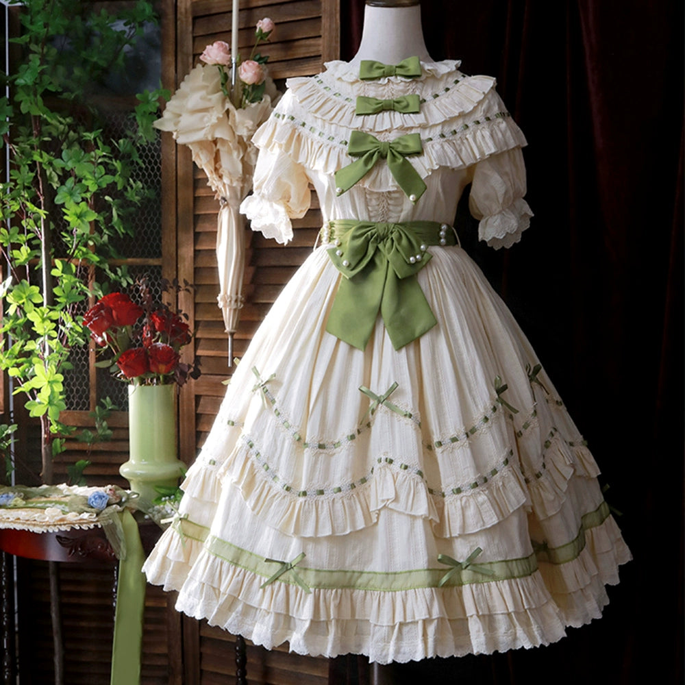 Lemon Cantata - Lily of the Valley - Country Lolita OP Dress, Tiered Ruffles Dress + Waist Tie / Standard Length S