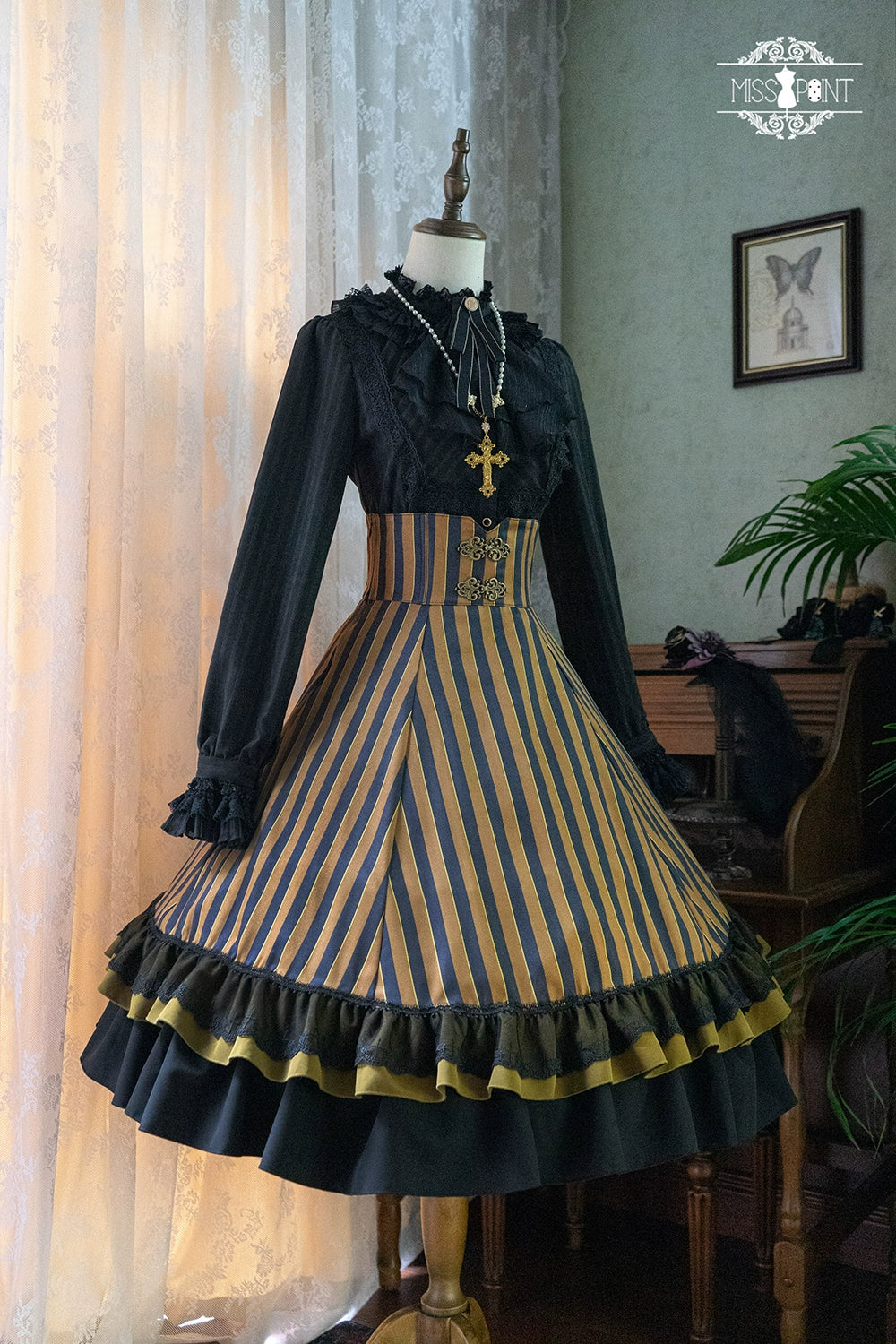 (Buyforme)Miss Point~Customized Lolita Elegant Striped High Waisted Fishbone SK 21544:312446