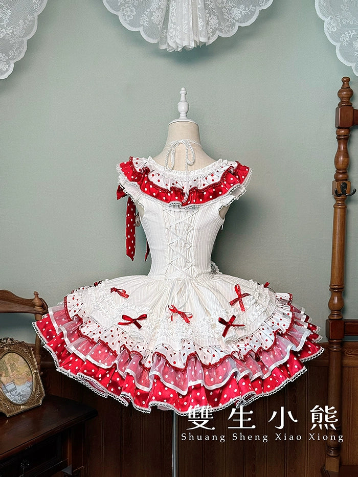 Shuang Sheng Xiao Xiong - Bite The Cake - Sweet Lolita Dress, Red & White Polka Dots 43600:780704