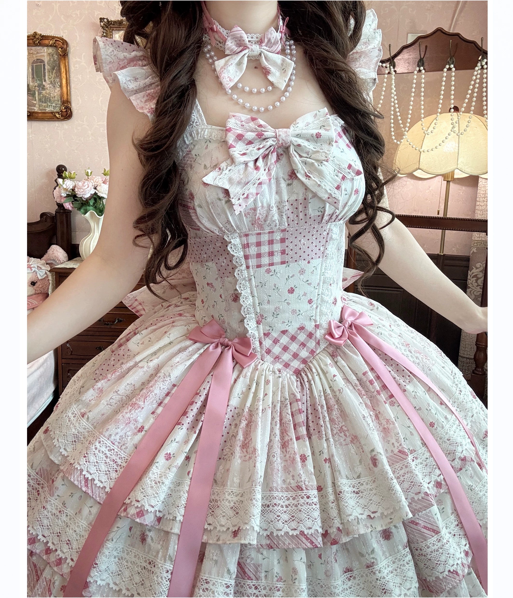 Flower Narrative Ballad - Classic Wedding Lolita Floral Printed JSK Dress with Tiered Hem 45728:859698
