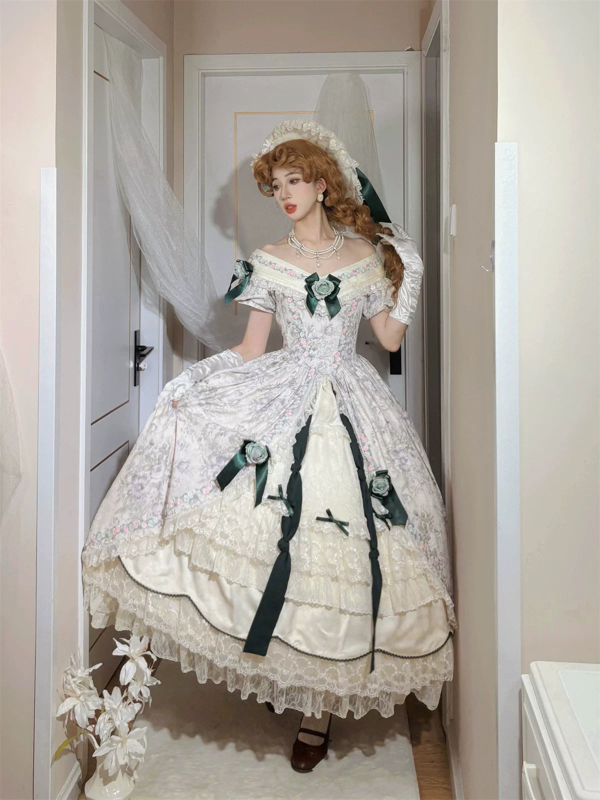 Dolota Flower Wall - Classic Lolita Floral OP Dress, Open Shoulder 44485:811244