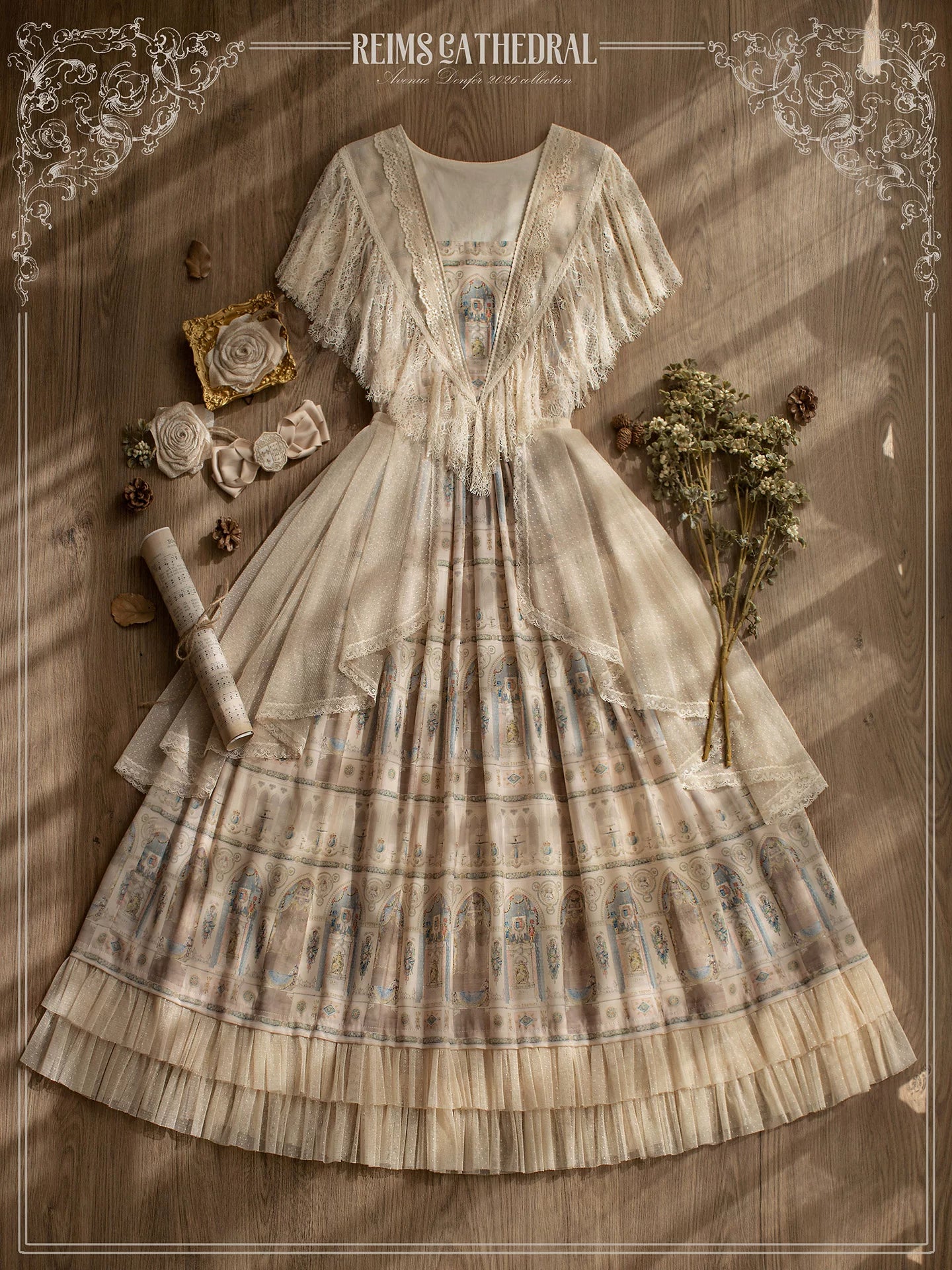 Reims Cathedral - Printed Classic Lolita Dress, Detachable Gauze Outlayer 44701:819203