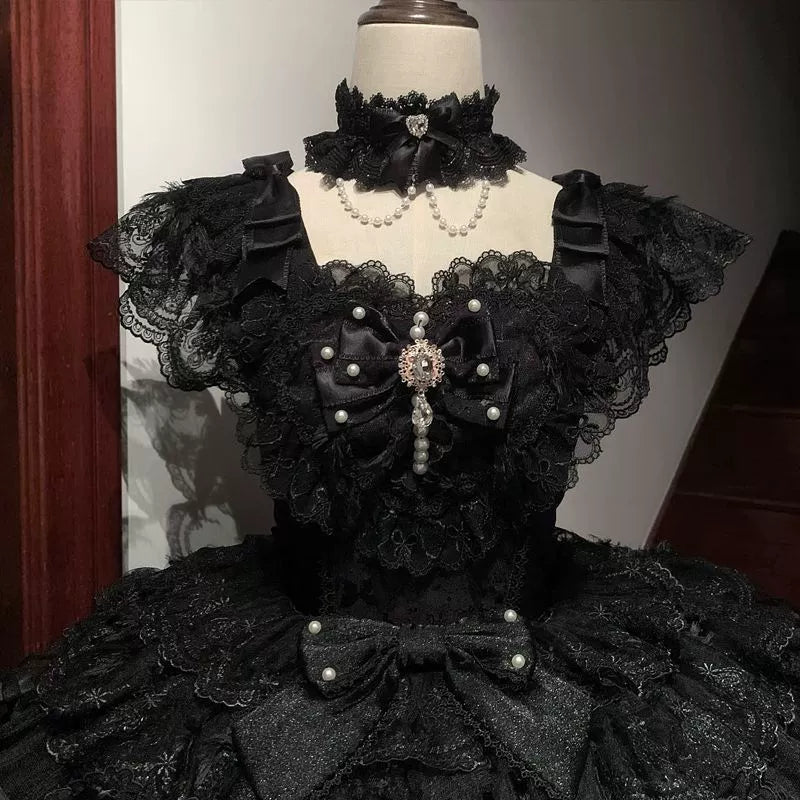 Hanguliang - Feather's Ballad - Wedding Lolita JSK Dress, Tiered Ruffles Black Choker Only (one size / choose M) S