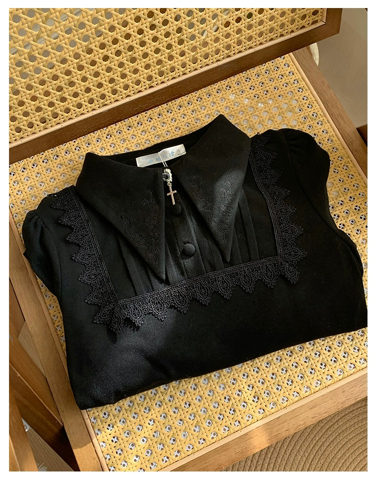 With PUJI - The Vow - Solid Lolita Sweater, Juliet Sleeve, Pointed Collar