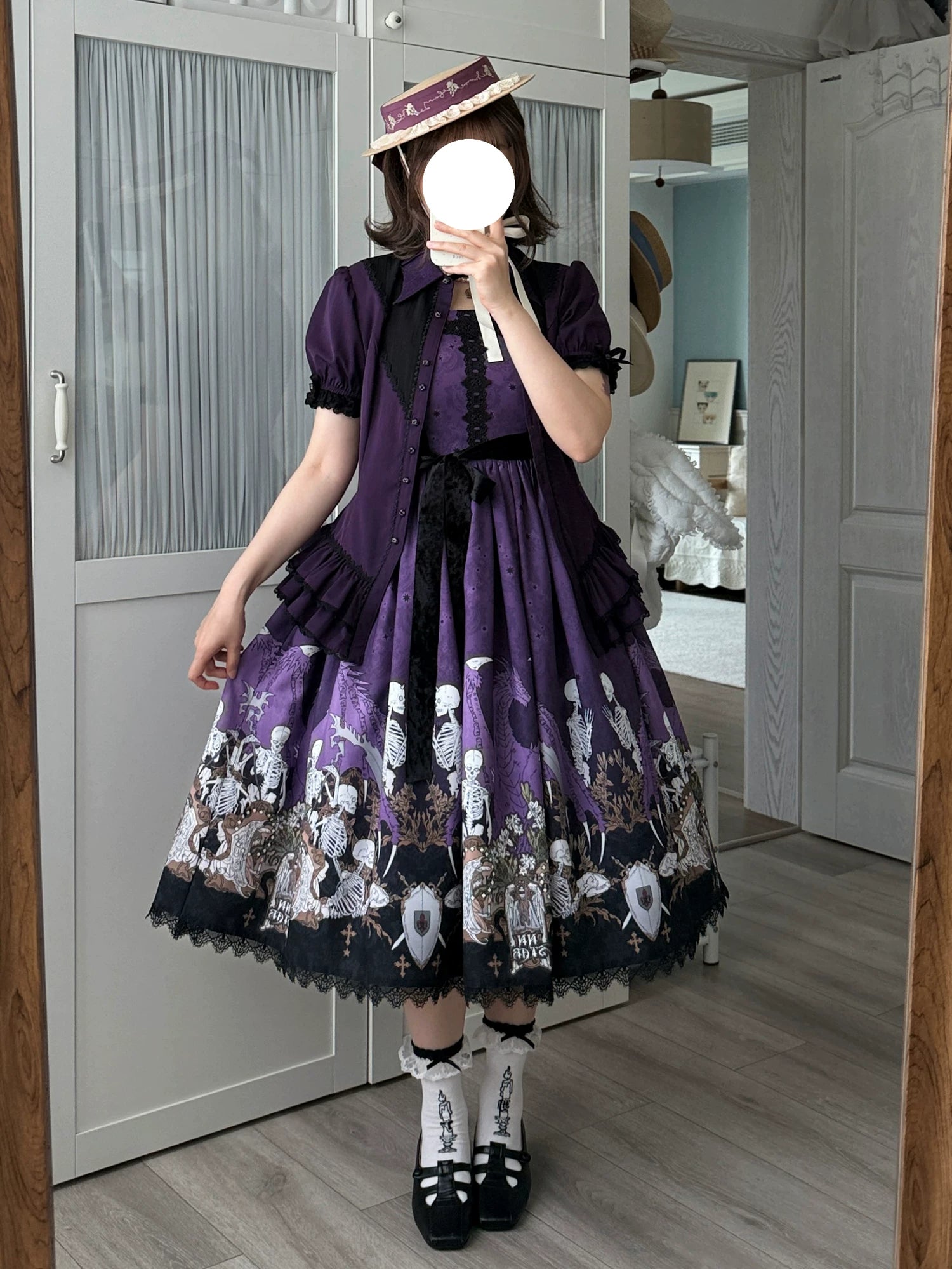 Dragon Bone Lily - Vintage Gothic Lolita Dragon & Skeleton Print JSK Dress 45283:844454