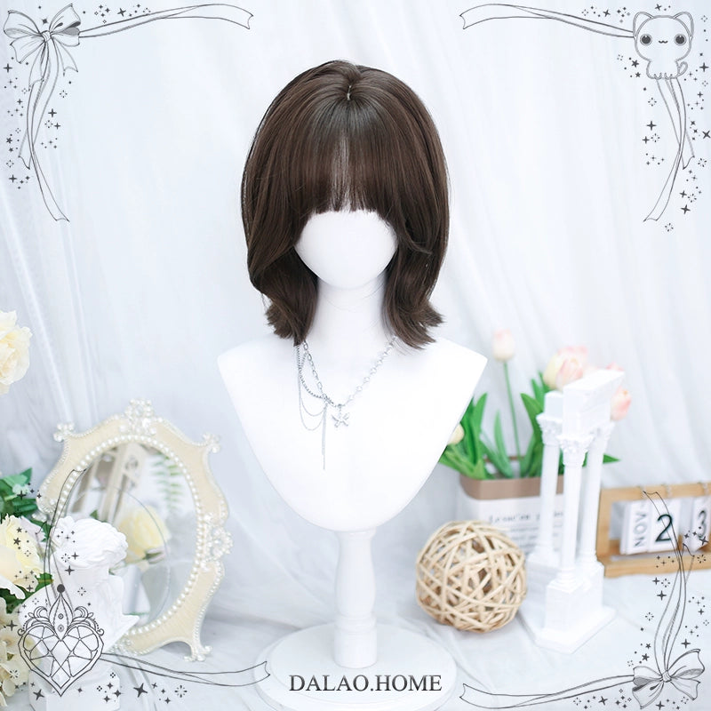 Dalao Home - Daily Short Lolita Wig With French-Style Shoulder-Length Wavy Cool Brown (with hairnet)