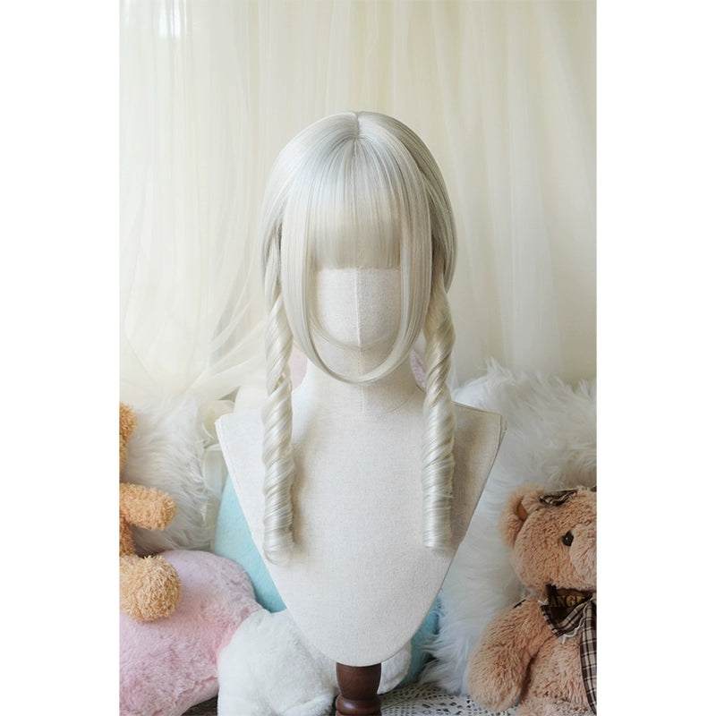 Imperial Tea - Solid Lolita Bob Wig With Detachable Curl Ponytail Cream White - Bob Wig + Hairnet