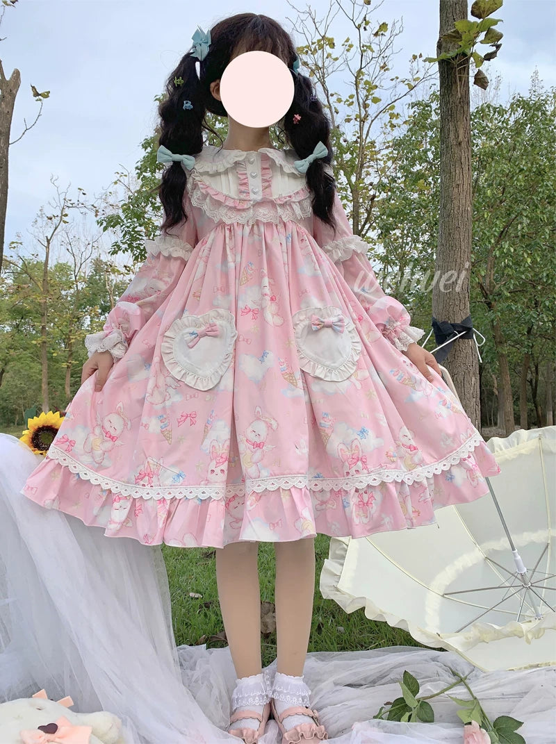 Sweet Soft Bunny - Printed Sweet Lolita OP Dress, Bunny Ears 44863:826536