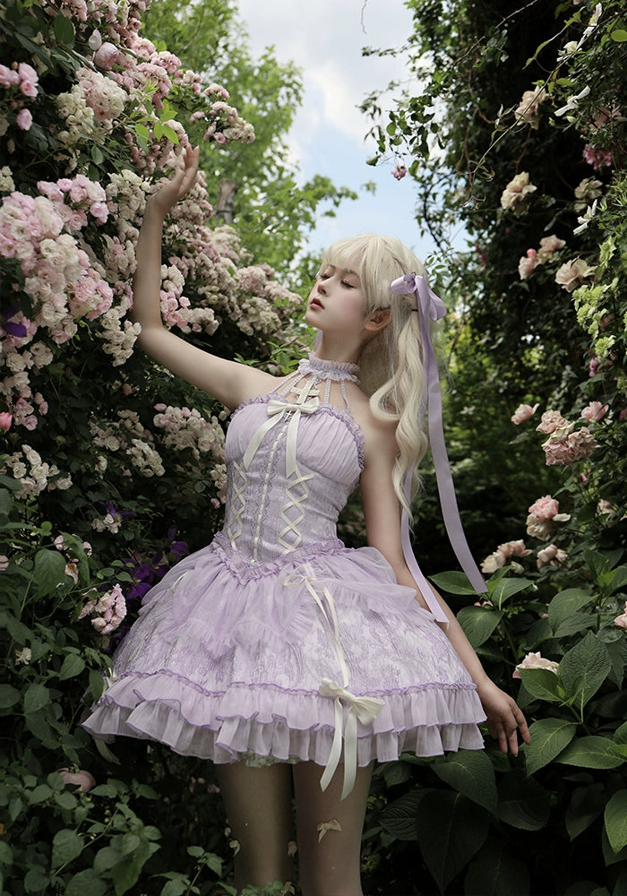 Alice Girl - Cross Maiden - Gothic Lolita Purple JSK Dress With Cross Halterneck & Voile Overlay