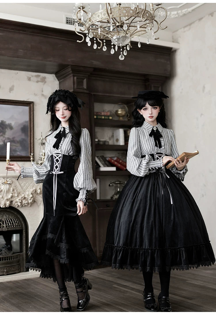 Dusk Moment - Classic Lolita Striped OP & Mermaid Dress Set, Fishbone Waist 44498:810669