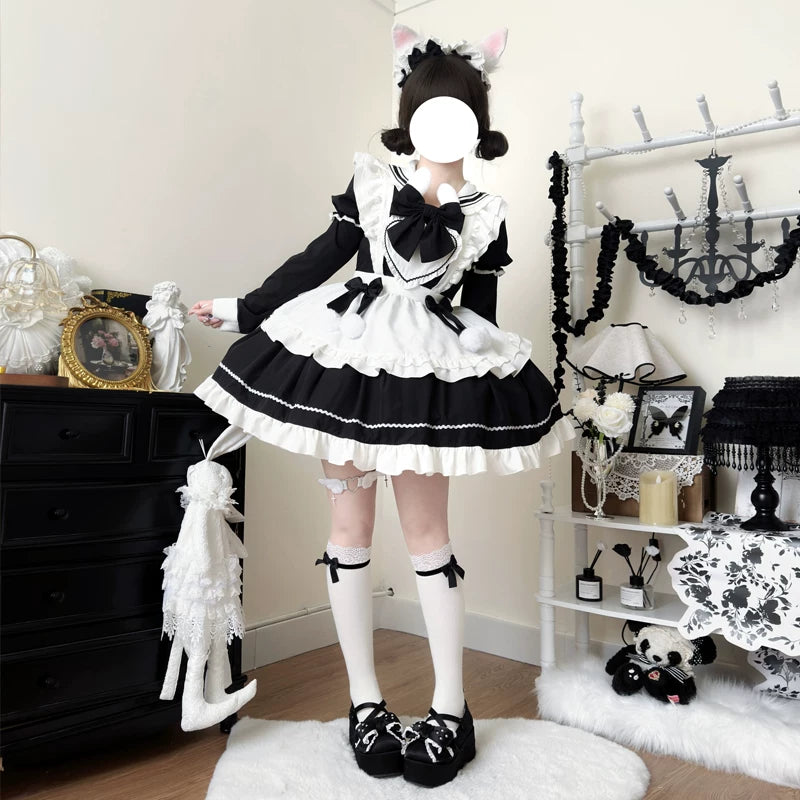 Sweet Bunny Pom-pom - Maid Lolita Bunny Ear Collar OP Dress, Detachable Apron Black - (Short Sleeve OP + Apron + A Pair of Detachable Sleeves) S