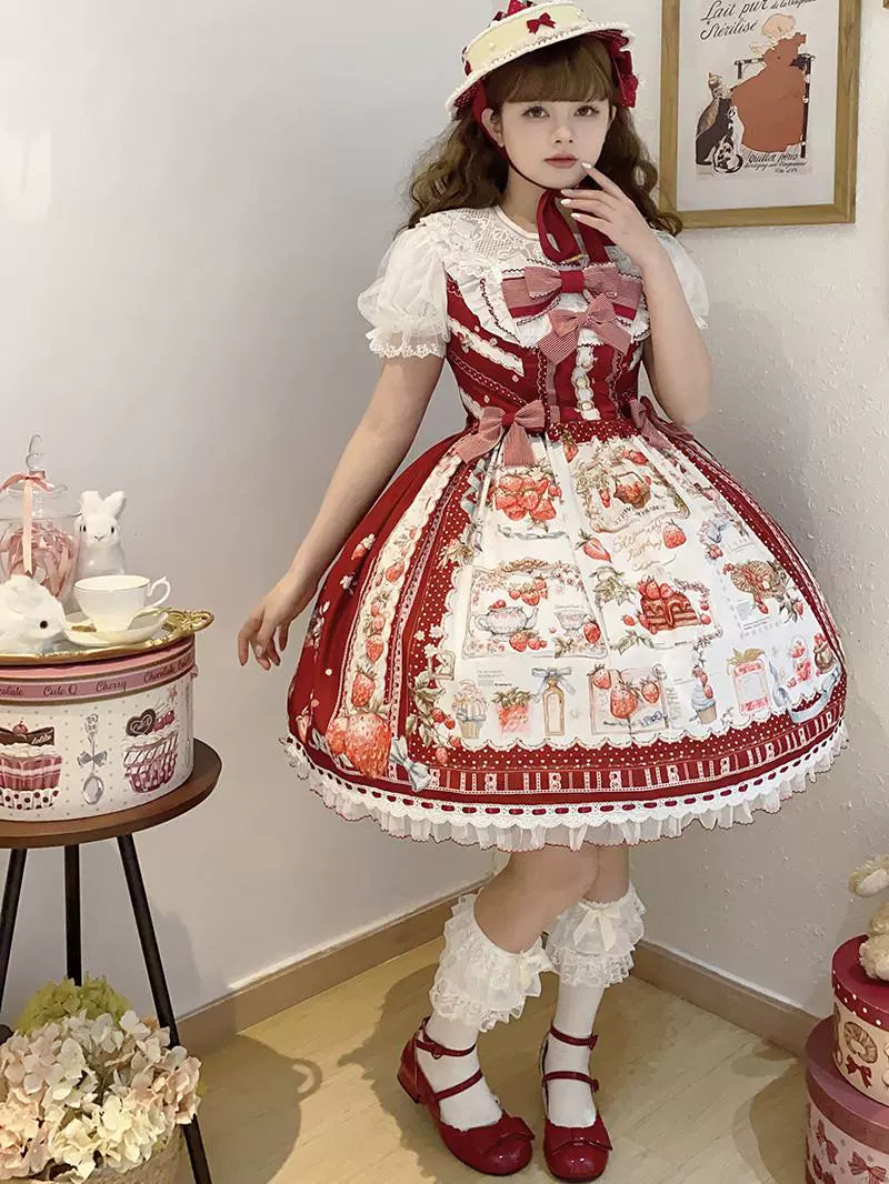 Balladeer - Strawberry Manor - Sweet Lolita JSK Dress, Strawberry Print 43417:798462