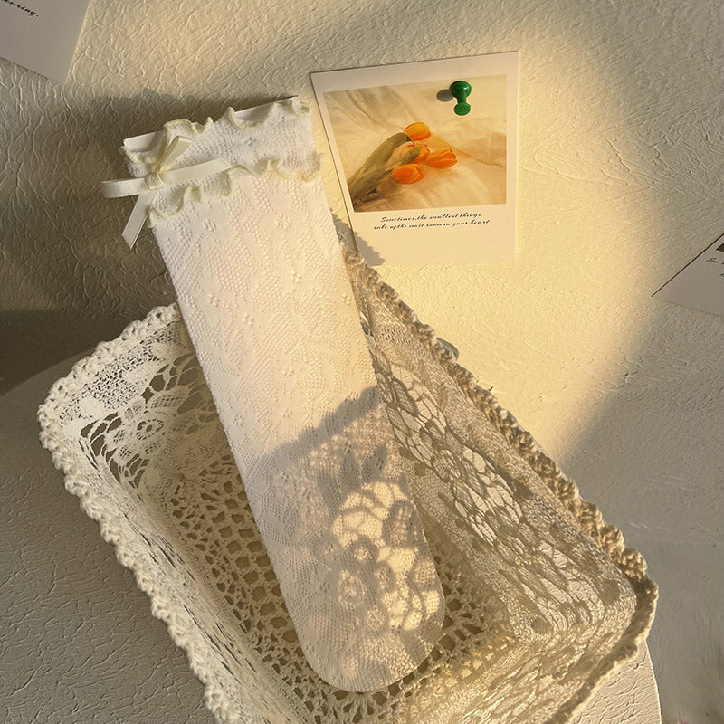 WAGUIR - Kawaii Lolita Thin Lace Socks One Size white socks yellowish knot
