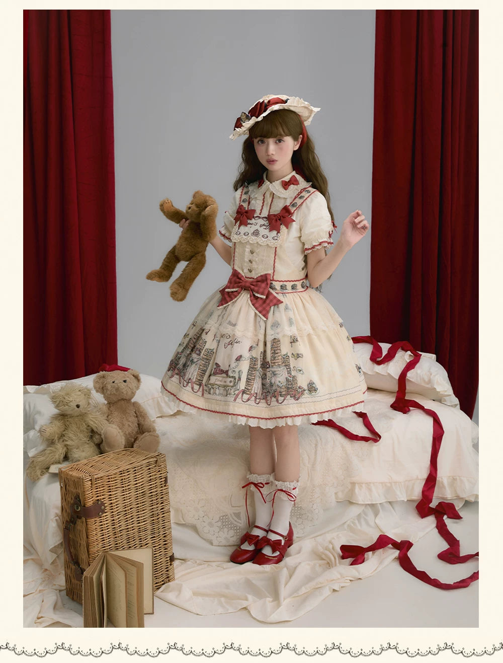 Pancake Postman - Kawaii Lolita Printed OP & Salopette Dress, Lace & Bows