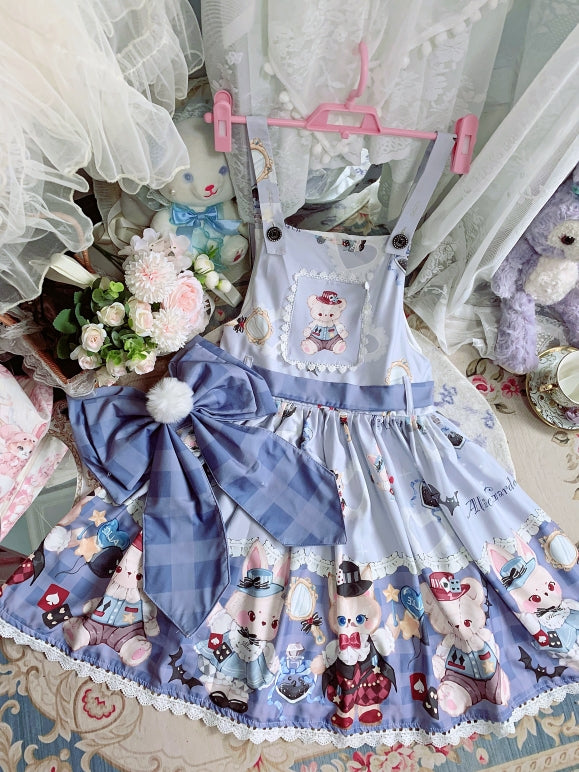 Night Never Sleeps - Bunny Meow Bear - Kawaii Lolita Salopette Bear Print Dress Gray-Blue Salopette + Bow Trailing S