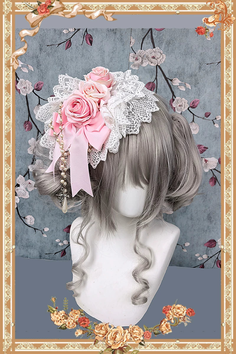 Elegant Lolita Hanamaru Hair Clip, Rose Bow & Pearl-like Chain 46096:874849