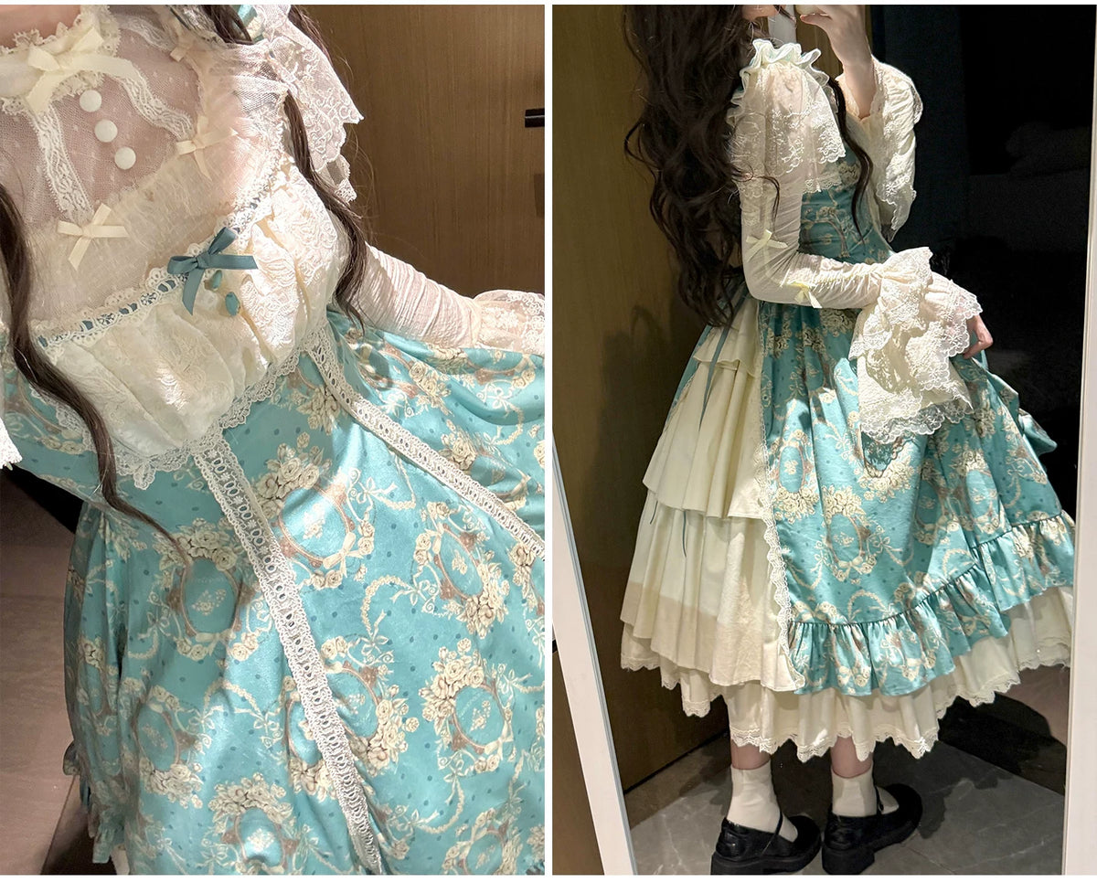 Old Courtyard Floral Letter - Classic Lolita Printed JSK Dress Set, Drawstring Lift-up Hem 46102:875303