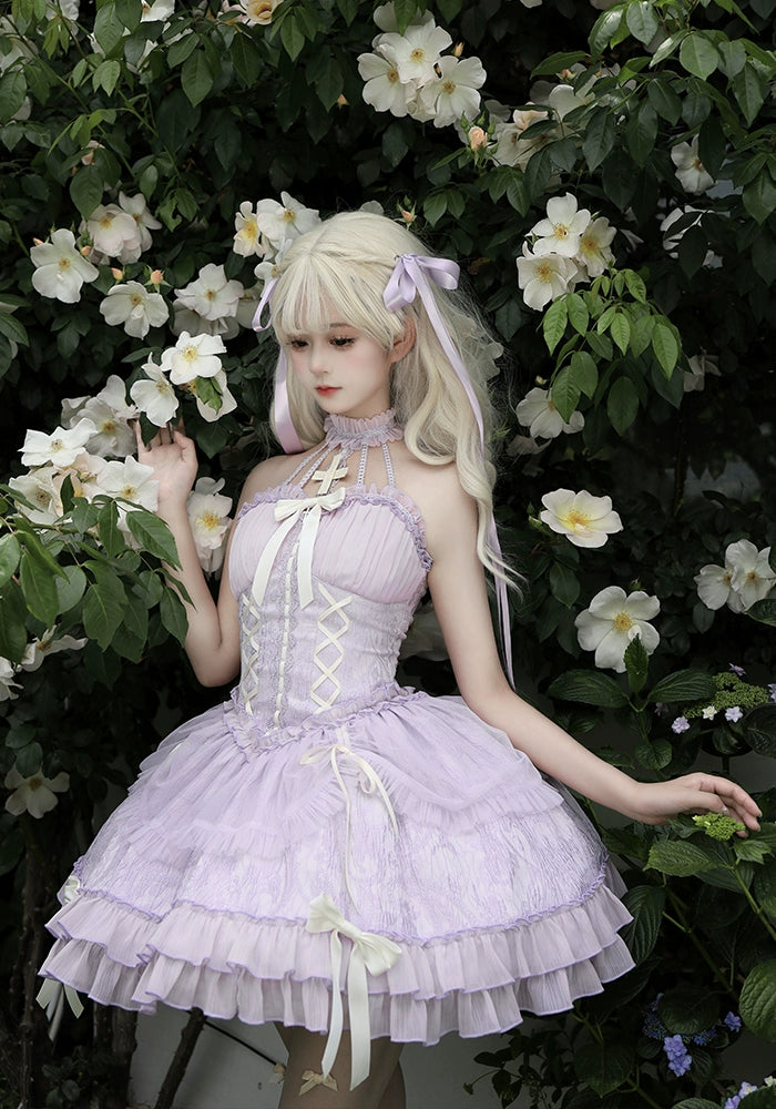 Alice Girl - Cross Maiden - Gothic Lolita Purple JSK Dress With Cross Halterneck & Voile Overlay