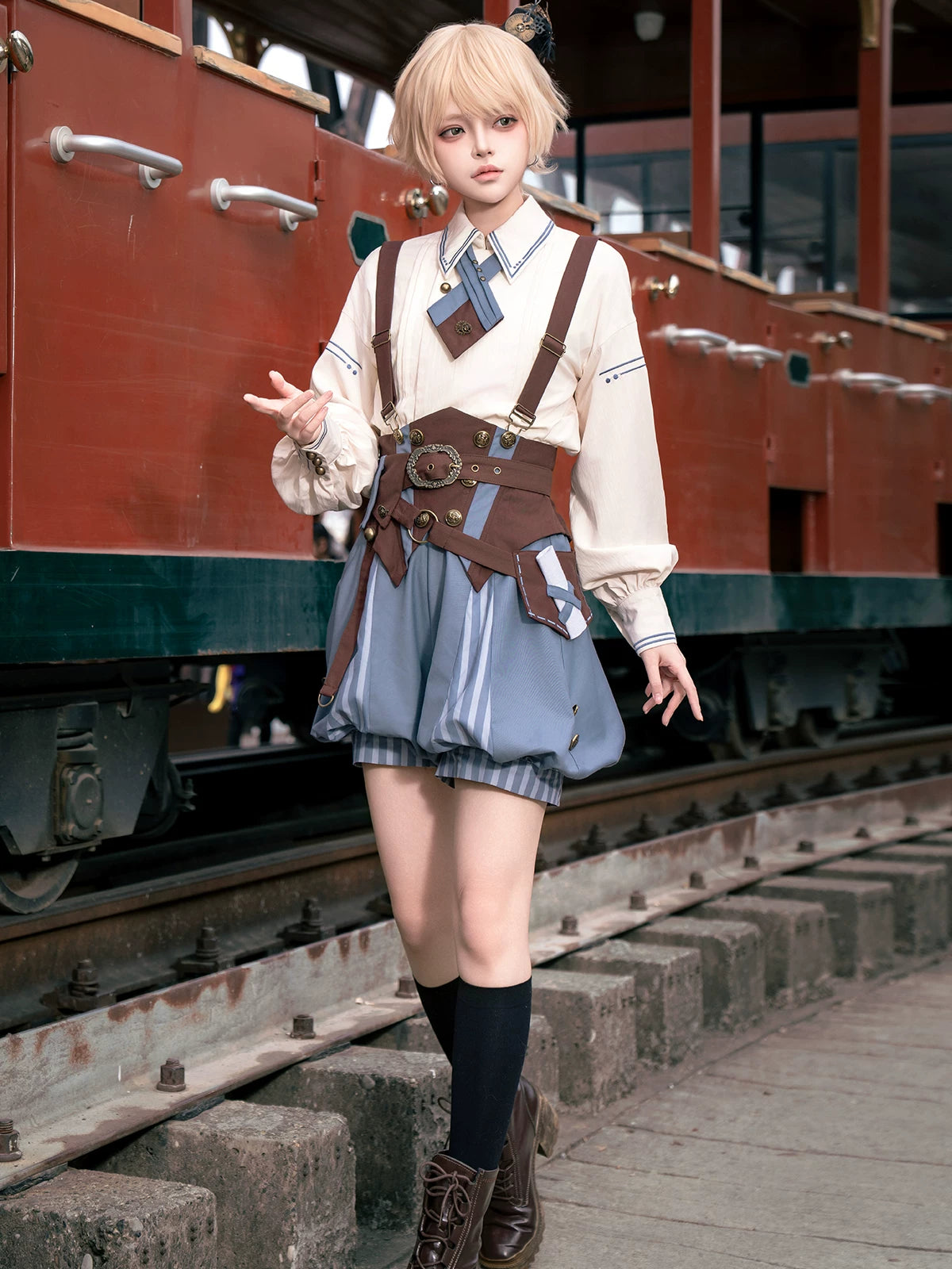 Poem of Wind & Compass - Ouji Lolita Blouse & Faux-Suspender Bloom Shorts Set 45919:868246