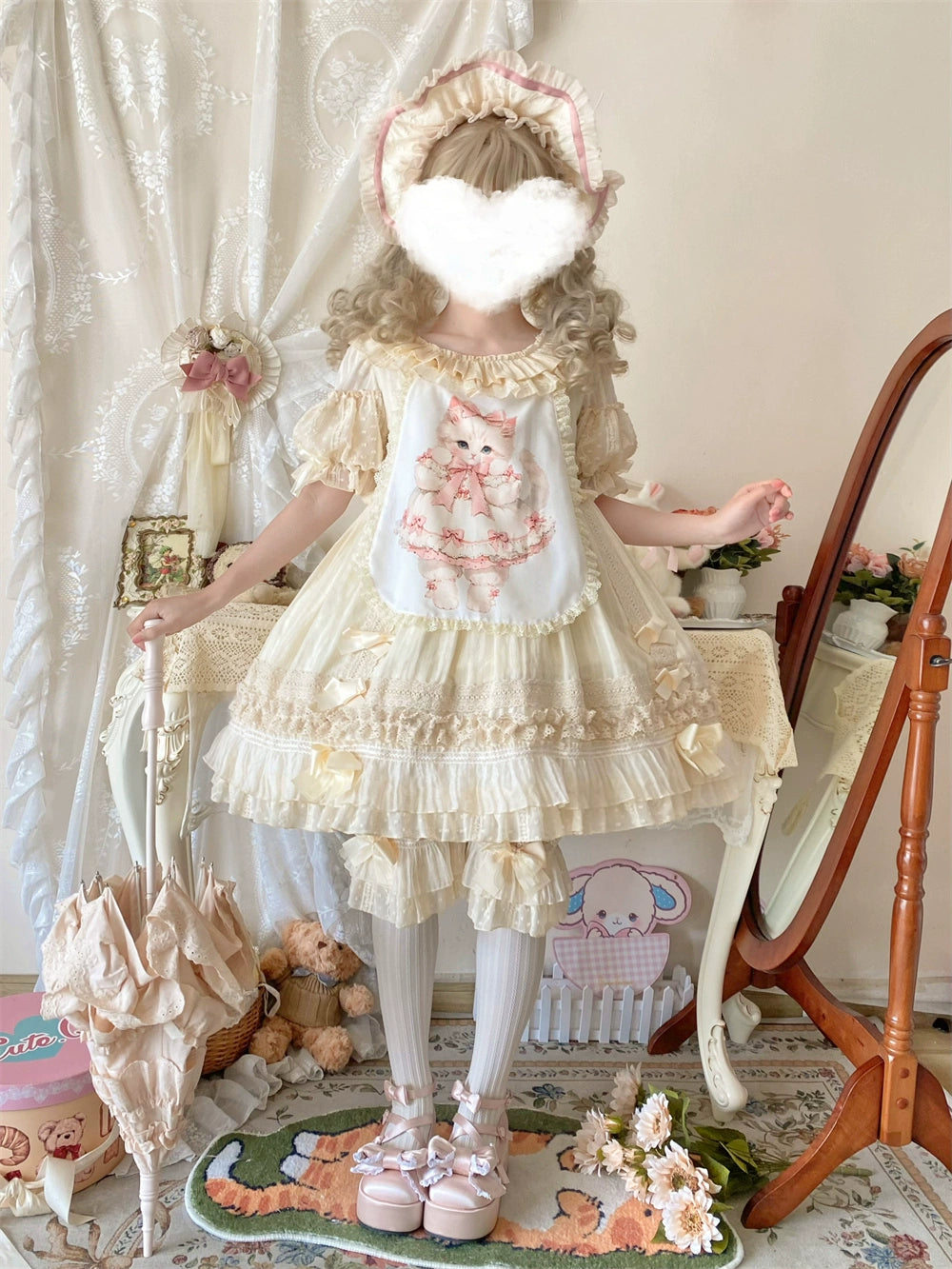 Ilovexiaolu - Meow Lullaby - Cotton Kawaii Lolita OP Dress with Removable Kitty Apron Apricot - OP S Short Version