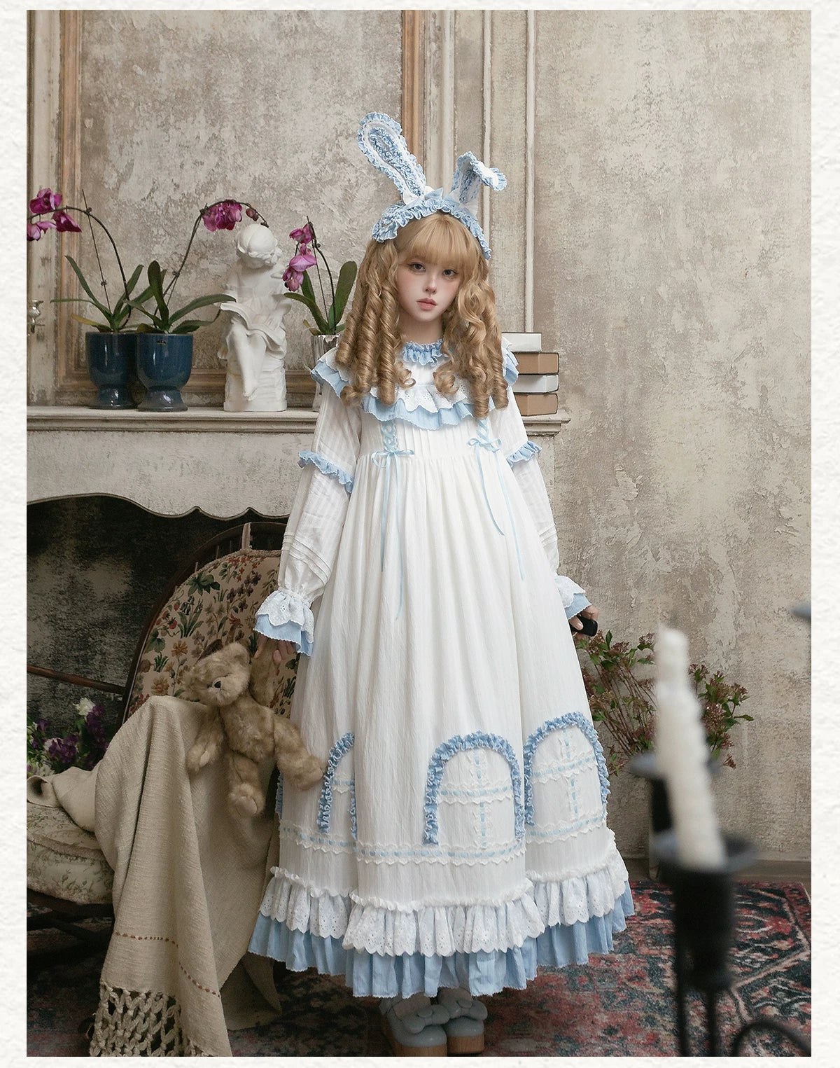 Lilian - Classic Lolita Doll-like OP Dress, Bunny Ear Hairband (Blue / L M S XS) 44900:827032