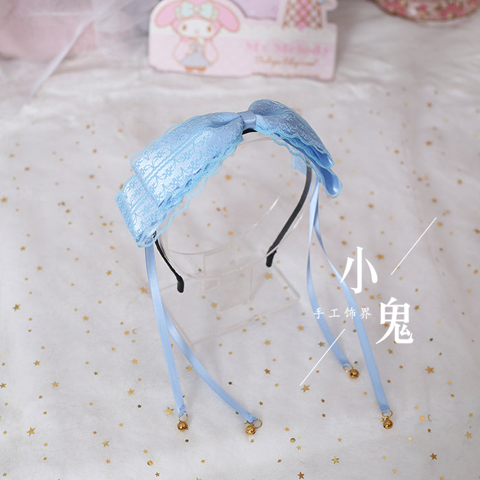 Xiaogui - Kawaii Lolita Bell KC Lace Bow Hair Accessory light blue lace bell-tassel headband