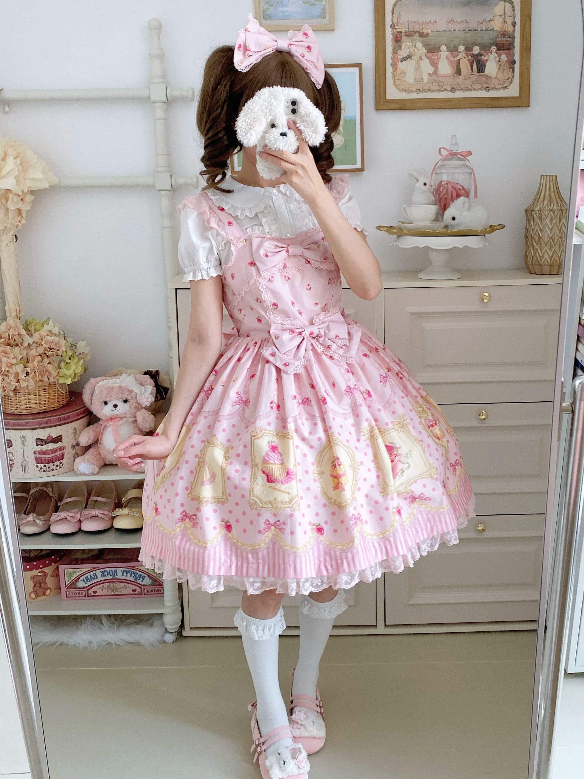 Pink Jade Strawberry - Sweet Lolita Strawberry Print JSK & OP Dress with Lace 45278:845317