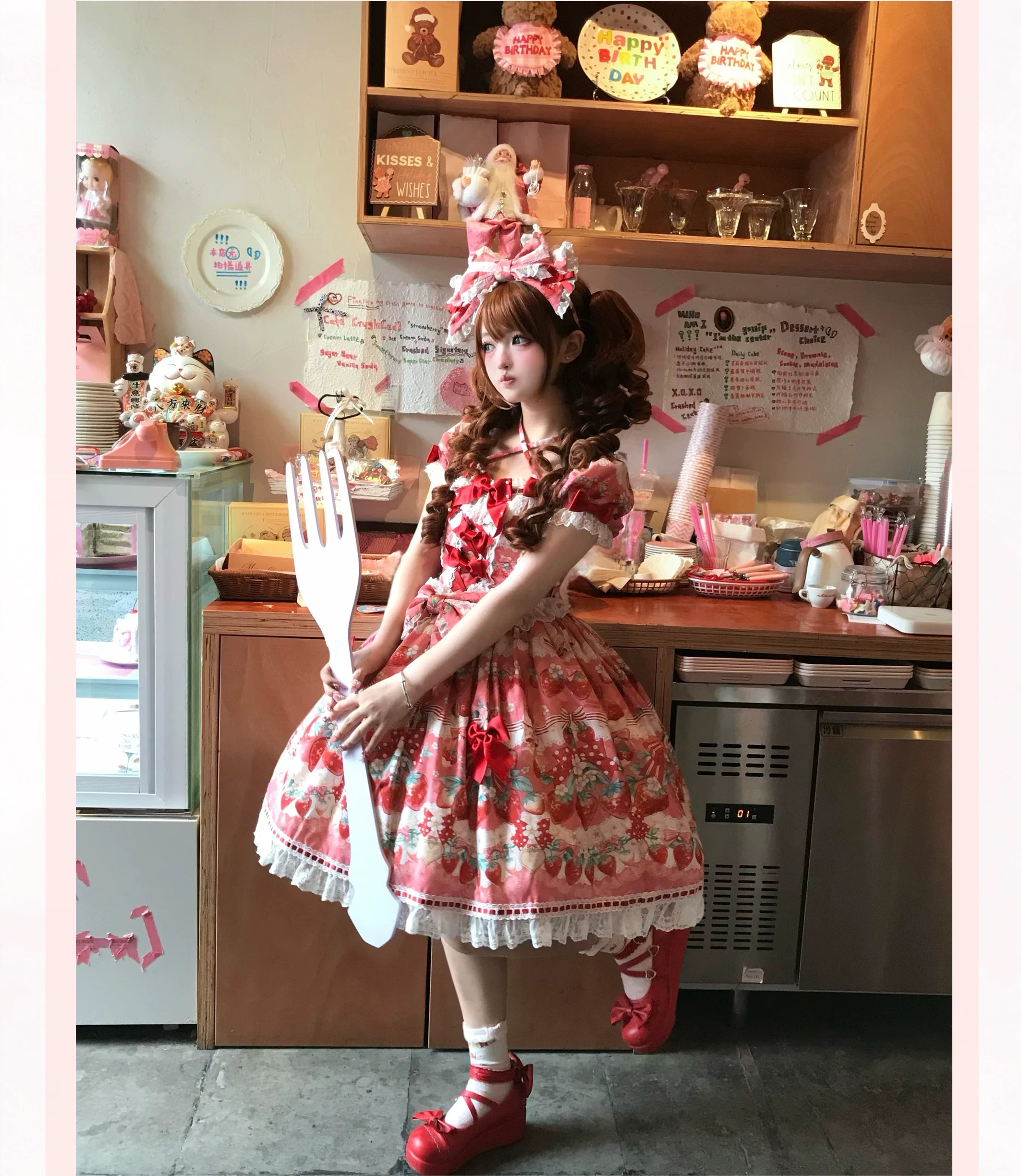 Strawberry Cream Bouquet - Printed Sweet Lolita OP Dress, Halter Neckline