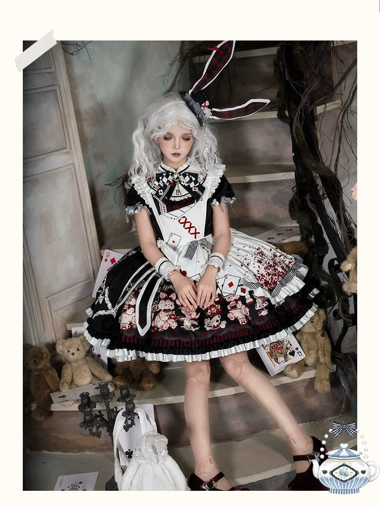 YingLuoFu - Alice - Kawaii Lolita OP Dress, Rabbit & Playing Card Motifs