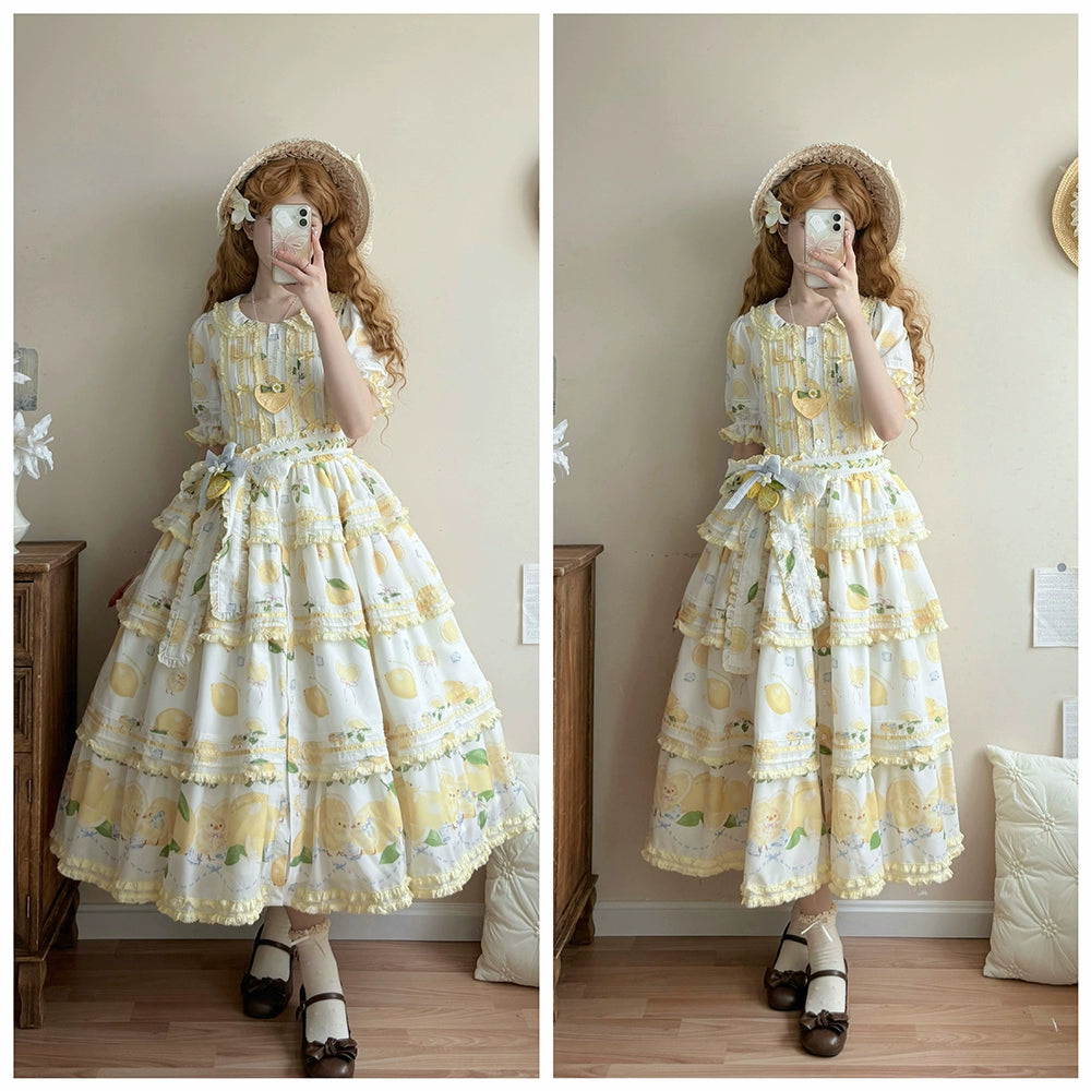 Miss Point - Lemon Chick - Country Lolita Printed OP With Button Front