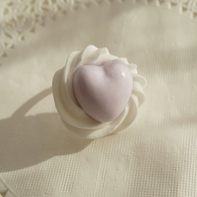 Cat Tea Party - Cute Lolita Ring Handmade Clay Cream Heart Shape Adjustable Ring Purple
