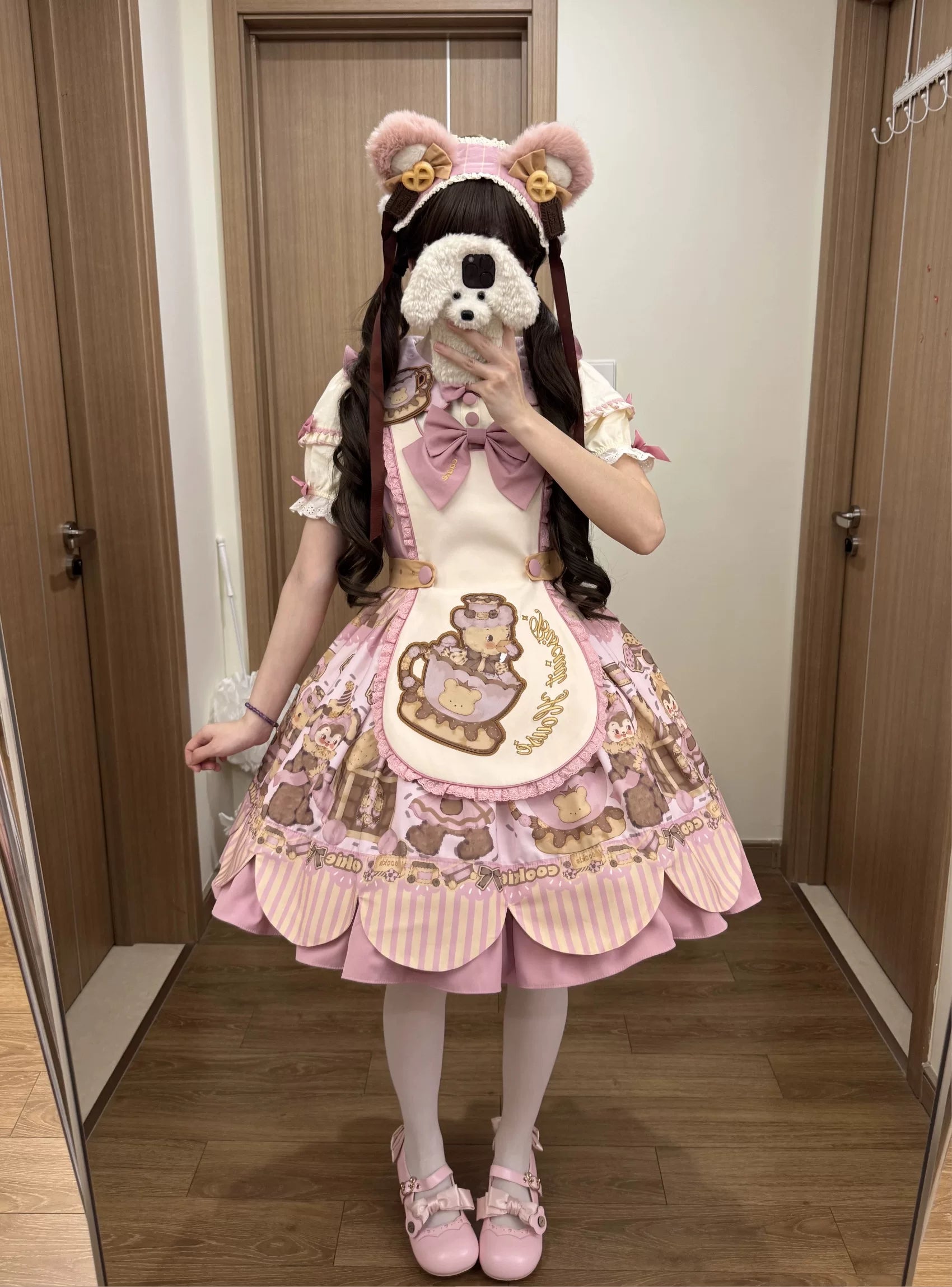Bear Biscuit SP - Kawaii Lolita Bear Printed Dress Set with Bows (Pink / 2XL L M S XL) 45375:846463