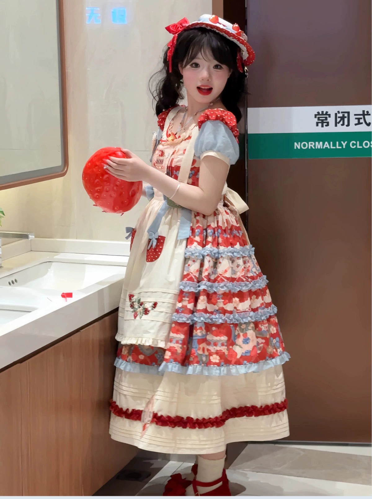 Rose Whispers - Strawberry Tata - Sweet Lolita Dress Suit With Strawberry Cake Print 43173:769178