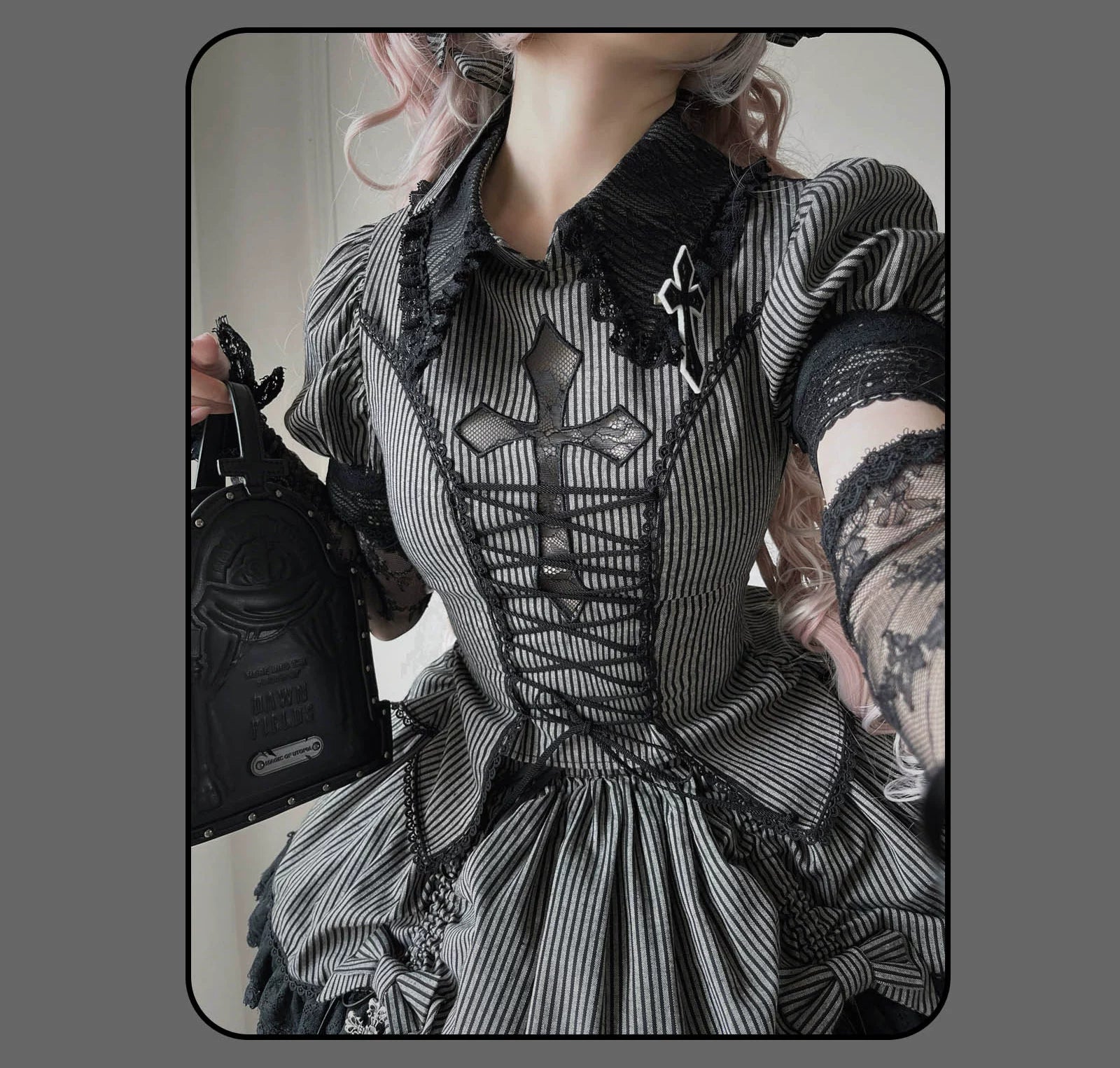 Susin Lolita - Striped Cross - Gothic Coordinated Lolita Set, Adjustable Blouse & Skirt 43331:773936